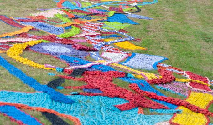 Orly Genger, American, born 1979, Boys Cry Too, 2014, Hermann Park, Houston, Texas, painted rope. Photo by Megan Badger/Weingarten Art Group